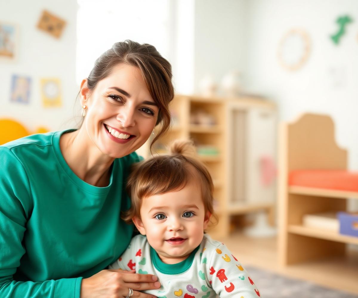 A caring teacher smiling with a toddler in a bright nursery room
